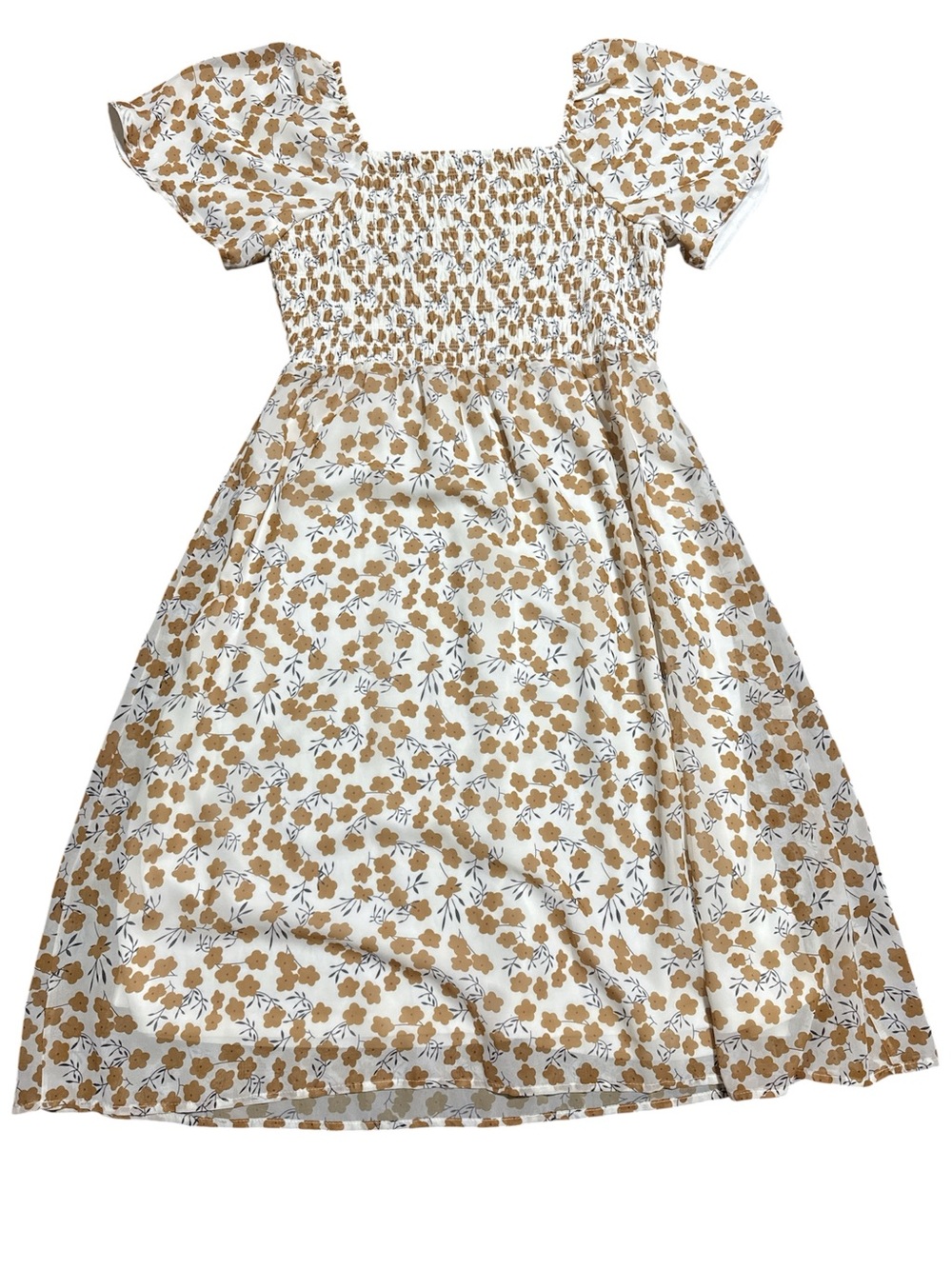 Mikarose White Midi Dress with Tan Floral Print